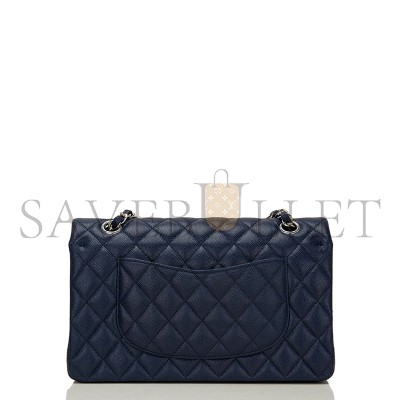 CHANEL CLASSIC DOUBLE FLAP QUILTED CAVIAR SILVER-TONE MEDIUM NAVY BLUE A01112 (25.5*15.5*6.5cm)